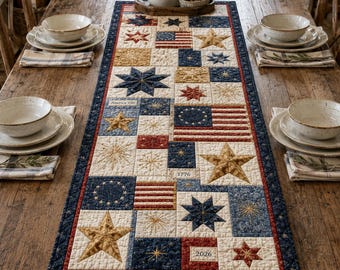Patriotic Quilted Table Runner, Stars, Flags, 1776-2026 Home Decor