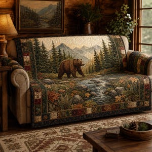 Grizzly Bear Mountain River quiltat sofföverdrag, rustikt lodgesofffilt, vildmarksdekor