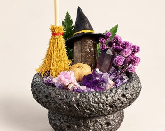 Cuenco energético de cristal de bruja con cuarzo ahumado y amatista, jardín de cristal de Halloween, regalo espiritual