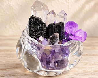Cuenco energético de cristal de turmalina negra y cuarzo transparente, mini jardín de cristal morado, regalo espiritual