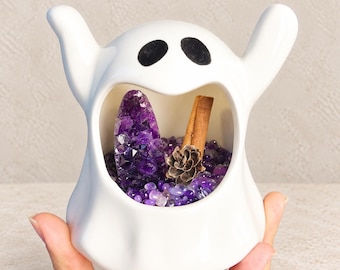 Lámpara nocturna de cerámica con forma de fantasma de amatista, Jardín de Cristal de Halloween, Regalo Espiritual