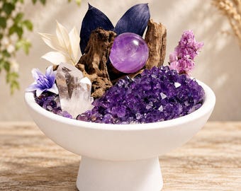 Cuenco energético de cristal de amatista y cuarzo transparente, jardín de cristal del bosque con esfera de amatista, regalo espiritual.
