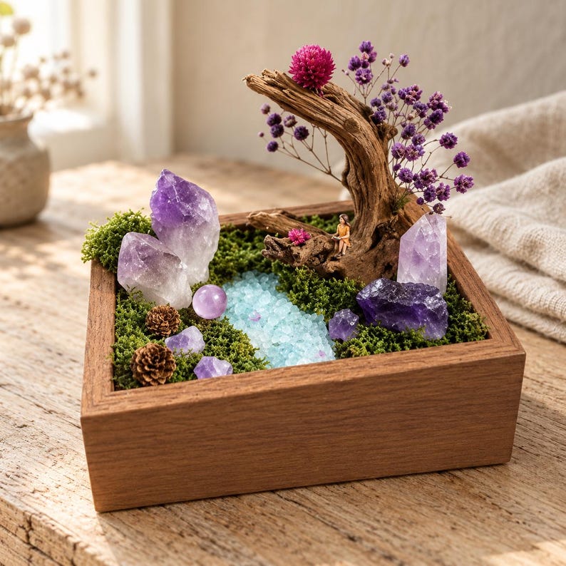 May include: A square wooden box containing a miniature landscape with green moss, purple amethyst crystal clusters, a smooth purple sphere, small pinecones, a piece of driftwood, and a small tree with purple flowers and a tiny figurine.