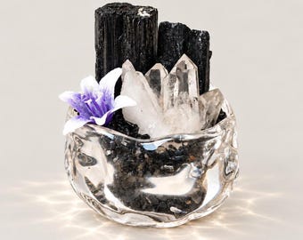 Cuenco energético de cristal de turmalina negra y cuarzo transparente, jardín de cristal de obsidiana, regalo espiritual