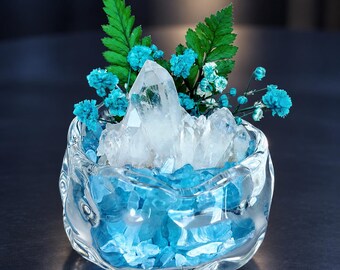 Jardín de cristales de aguamarina y cuarzo transparente, mini cuenco de cristal decorativo, regalo espiritual
