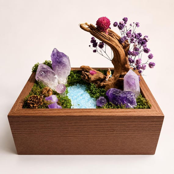 Amethyst Crystal Garden, Miniature Forest Diorama, Purple Crystal Desk Decor, Crystal Lover Gift