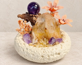 Cuenco energético de cristal de citrino con esfera de amatista, jardín de cristal, decoración de altar, regalo espiritual