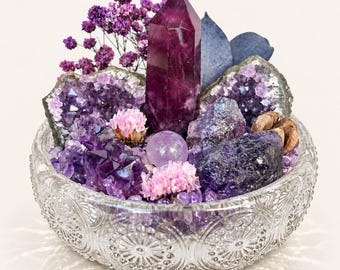 Cuenco energético de cristal de amatista con geodas, torre y esfera, jardín de cristal, regalo espiritual