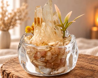 Cuenco energético de cristal de citrino brasileño, mini jardín de cristal con flores amarillas, regalo espiritual.