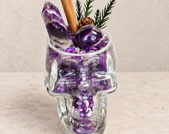 Jardín de cristales con forma de calavera de fluorita y amatista, decoración gótica para altar, regalo espiritual.