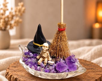 Halloween Amethyst Crystal Garden with Witch Hat, Broom & Skeleton, Miniature Glass Dish Decor, Witchy Gift for Crystal Lovers