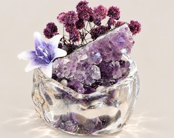 Cuenco energético de cristal geoda de amatista, mini jardín de cristal con flores, decoración de altar, regalo espiritual.