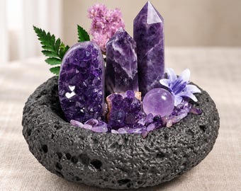 Cuenco energético de cristal de amatista con geoda, esfera y torres, jardín de cristal, decoración de altar, regalo espiritual
