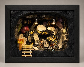 Crystal Mine Diorama with Lights, Quartz & Amethyst Wood Shadow Box, Mineral Collector Gift