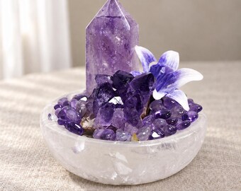 Cuenco energético de cuarzo transparente natural con amatista, mini jardín de cristales, decoración de altar, regalo espiritual.