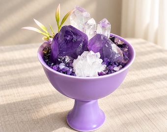 Cuenco energético de cristal de amatista y cuarzo transparente, jardín de cristal con pedestal morado, regalo espiritual.
