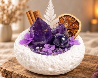 Cuenco energético de cristal de amatista con torre y esfera, jardín de cristal, decoración de altar, regalo espiritual