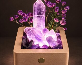 Lámpara de jardín recargable de cristal de amatista, base de madera con flores secas, regalo espiritual.