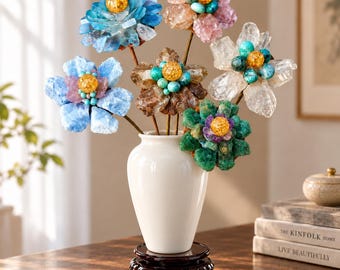 Flor de cristal natural con tallo flexible, flor de una sola piedra preciosa, regalo para ella.