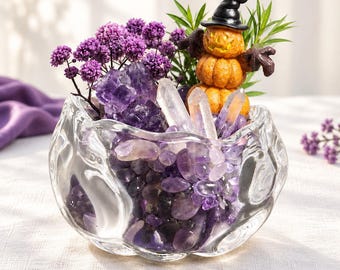 Cuenco energético de cristal de amatista y cuarzo transparente, jardín de cristal de calabaza de Halloween, regalo espiritual