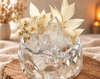 Cuenco energético de cristal de cuarzo transparente natural, mini jardín de cristal con flores color marfil, regalo espiritual.