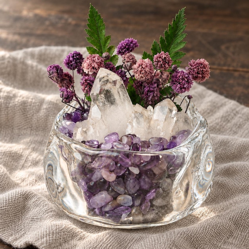 May include: A clear glass bowl filled with small purple amethyst stones and three clear quartz crystal points. The arrangement is decorated with sprigs of dried purple flowers and green fern leaves, creating a textured display of minerals and botanical elements.