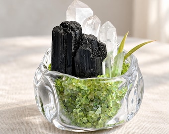 Cuenco energético de cristal de turmalina negra y peridoto, jardín de cristal de cuarzo transparente, decoración de altar, regalo espiritual.