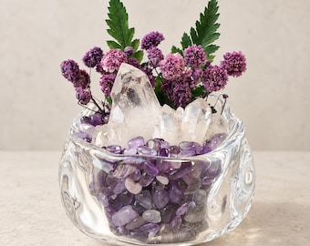 Cuenco energético de cristal de cuarzo transparente, jardín de cristal con flores moradas, decoración de altar, regalo espiritual.