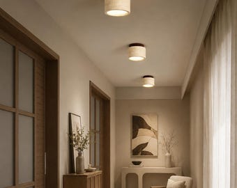 Japanese Yellow Travertine Wood Ceiling Light, Round LED Downlight, Hallway Decor