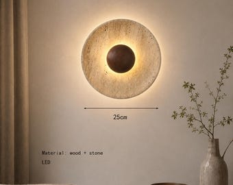 Natural Stone Wall Sconce, Dark Wood Accent, Modern Ambient Light, Bedroom Hallway Decor