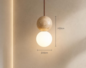 Cream Stone Globe Pendant Light, Wabi Sabi Hanging Lamp, Frosted Glass Dining Room