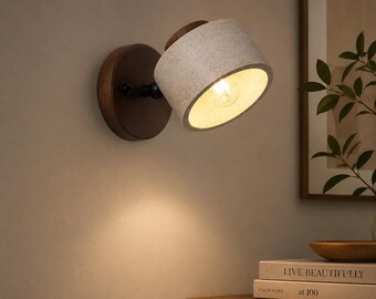 Cream Stone Pendant Lamp, Bauhaus LED Light, Wood Chandelier, Bedroom Cafe Bar Decor