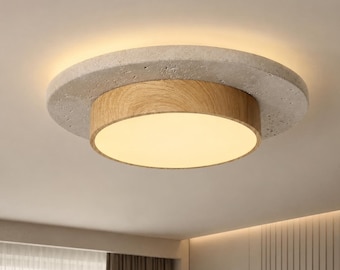 Wabi Sabi Walnut Wood Ceiling Light, Round Flush Mount LED Lamp for Hallway Decor