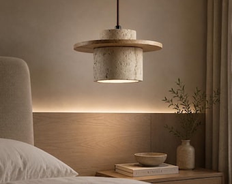 Japanese Stone Wood Pendant Light, Vintage LED Hanging Lamp, Bedroom Bedside Decor