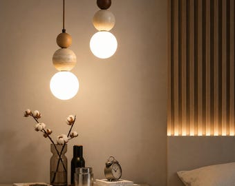 Cream Stone Wood Pendant Light, Bauhaus LED Hanging Lamp, Natural Stone Bedside Decor