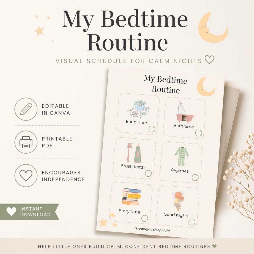 Kids Bedtime Routine Chart Printable | Visual Schedule for Toddlers ...