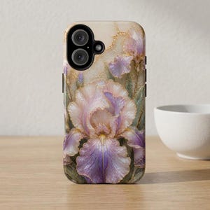 Faux 3D Purple Iris Phone Case | Gold Veined Floral Design | Glossy Botanical Tough Case | Gift for Garden Lover