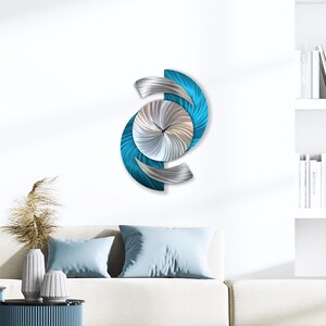 Large Turquoise Blue Metal Wall Clock: Silver Modern Art Abstract Wall Sculpture