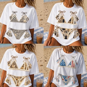 Patchwork bikinitopp PNG-paket, USA Leopard baddräktsdesign, trendig tjejig strandsommarsublimering, rutig 4 juli-grafik, viral png