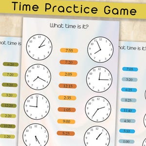 Peut inclure: Trois feuilles d'exercices éducatives intitulées Time Practice Game et What time is it? présentant plusieurs cadrans d'horloge analogiques avec des aiguilles noires et des chiffres de un à douze. Chaque horloge est associée à un encadré numérique.