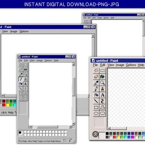 Könnte beinhalten: Eine digitale Grafik mit mehreren überlappenden Fenstern der klassischen Paint-Softwareanwendung. Jedes Fenster zeigt eine weiße Leinwand, eine Symbolleiste mit Zeichenwerkzeugen und eine Farbpalette. Der Text INSTANT DIGITAL DOWNLOAD-PNG-JPG ist sichtbar.