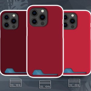 May include: Three smartphone cases in varying shades of red, including deep burgundy, standard red, and bright red. Each case features a triple-lens camera cutout at the top and a horizontal slot at the bottom designed to hold a single credit card.