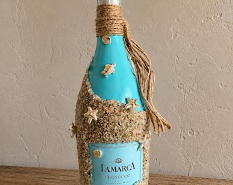 Botella de Prosecco decorada a mano: Boda costera junto al mar / Casa de playa / Centro de mesa náutico. Envío gratuito.