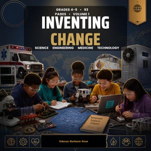 Może przedstawiać: Okładka książki zatytułowana Inventing Change, Grades 4-5, 93 Pages, Volume 1, z Science, Engineering, Medicine, Technology. Pięcioro dzieci w okularach ochronnych pracuje nad projektami z mikroskopem, elektroniką i laptopem na niebieskim planie.