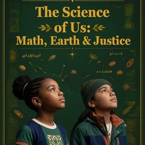 Puede incluir: Una portada de libro de ejercicios titulada The Science of Us: Math, Earth & Justice, con dos niños mirando hacia arriba sobre un fondo verde oscuro con fórmulas matemáticas, constelaciones y semillas.