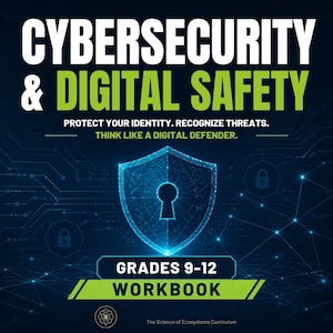 May include: A dark blue educational workbook cover titled CYBERSECURITY & DIGITAL SAFETY, PROTECT YOUR IDENTITY. RECOGNIZE THREATS. THINK LIKE A DIGITAL DEFENDER. GRADES 9-12 WORKBOOK. It features a glowing blue digital shield icon with a keyhole.