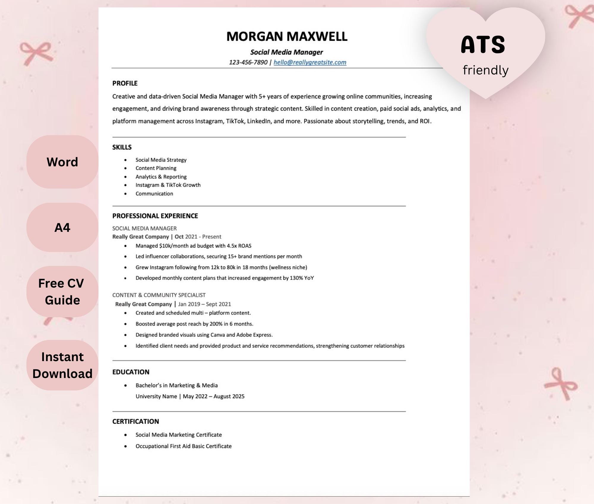 ATS Friendly Resume Template Word | Modern Professional CV (instant ...