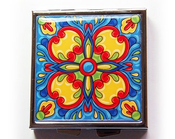 Italian Tile Square Pill Box For Purse, Travel Pill Case with Ornate Design (9984)