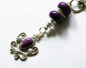 Purple Zipper Pull, Beaded Purse Charm, Purple and Silver zipper charm, Gift for her (10324)