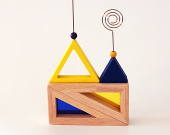 Photo Stand in Blue & Yellow, Wooden Block Note Card Holder, Double Picture Stand, Modern Geometric Design (Photo009)